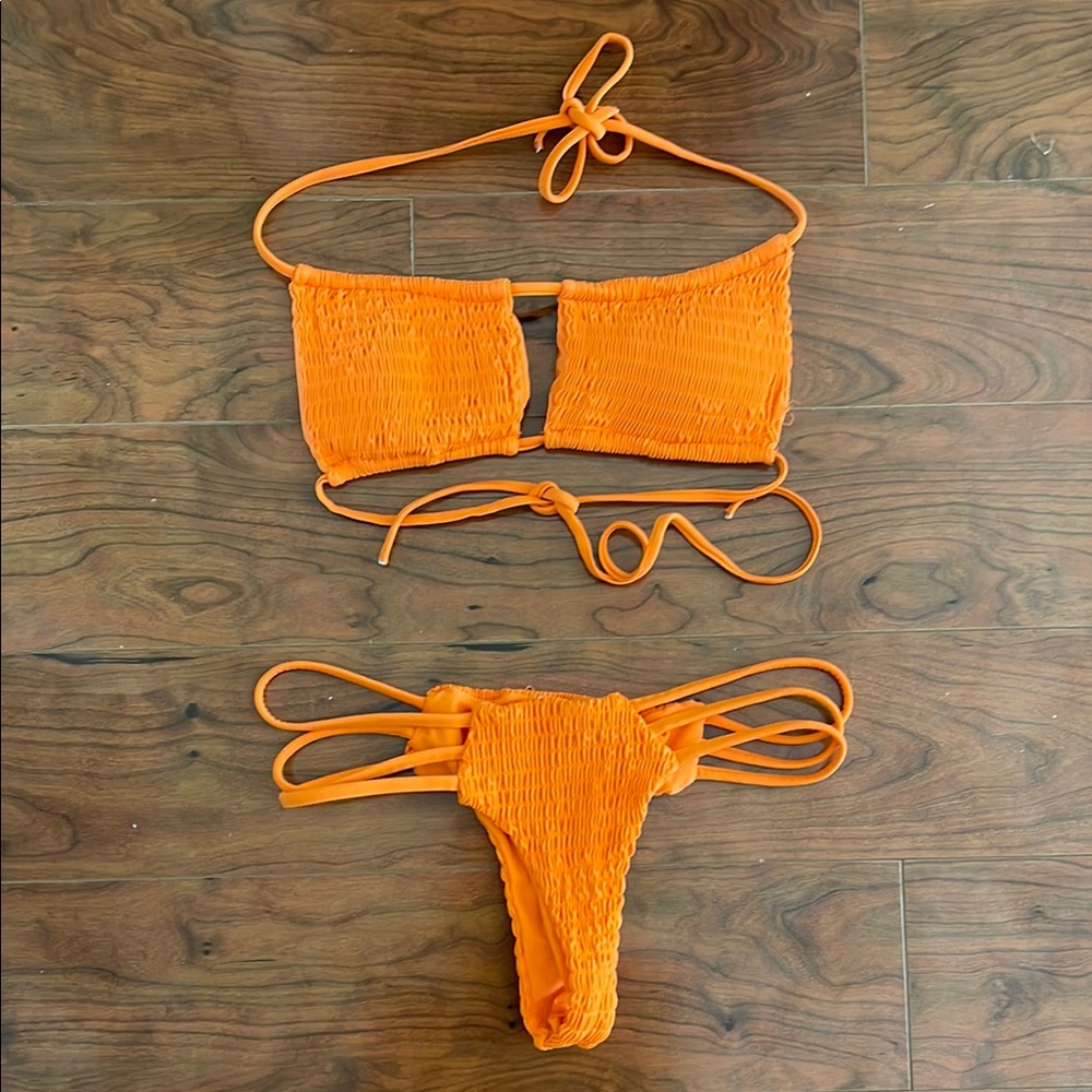 Vibrant Orange Ruched Cut Out Strappy Two Piece Bikini Cheeky Bottom Swimsuit